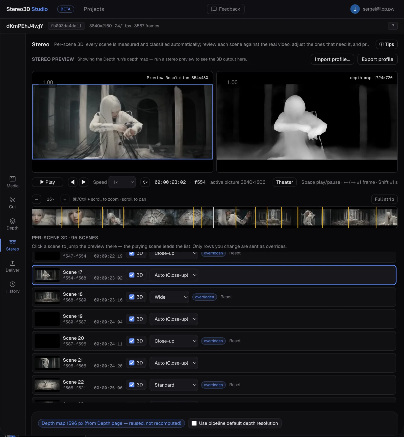 The Stereo3D Studio web interface showing a video and its AI depth map
